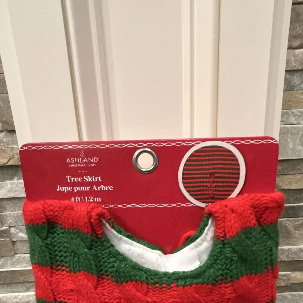 Ashland Christmas Tree Skirt Red Green White Striped Round 4 ft Pom Pom Trim